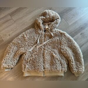 Urban Outfitters Tan Teddy Jacket Plush Zip-Up Hooded